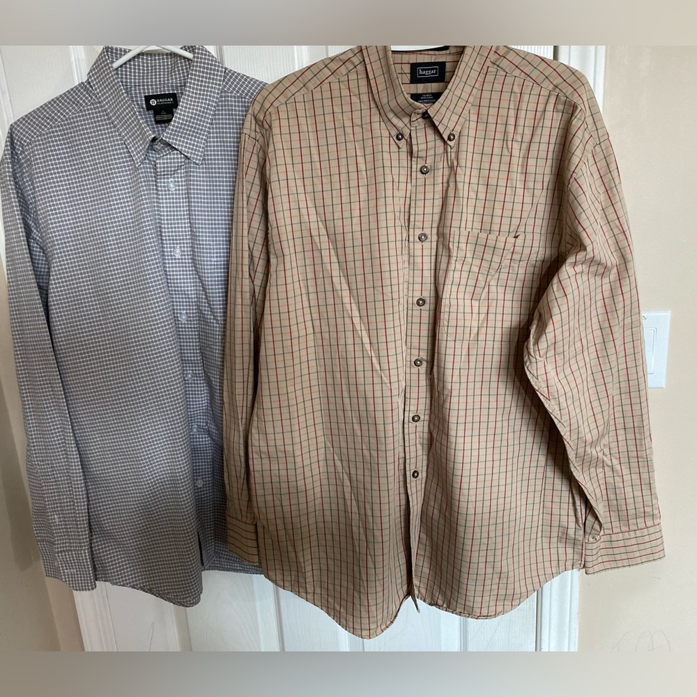 2 Haggar Checkered Dress Shirt Mens sz Large